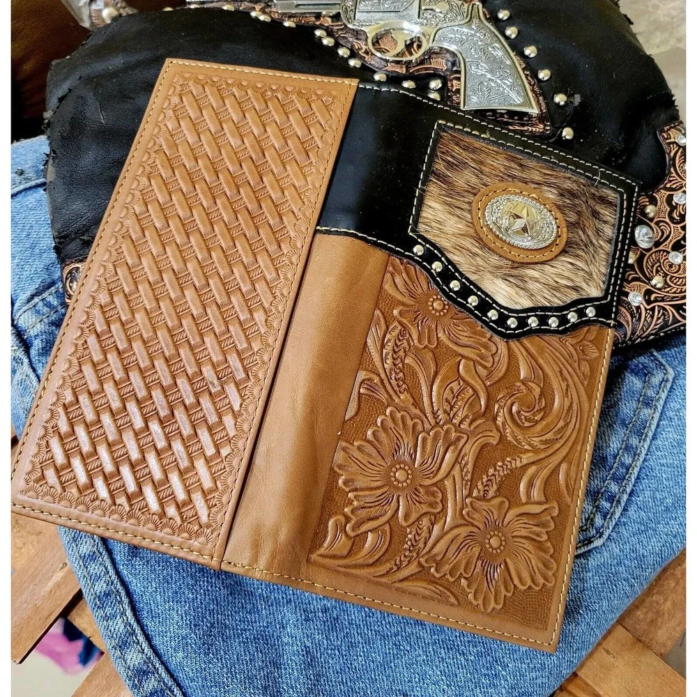 Star Sheriff Star Western wallet genuine leather cow hair hand tooled Bifold... - Picture 3 of 10